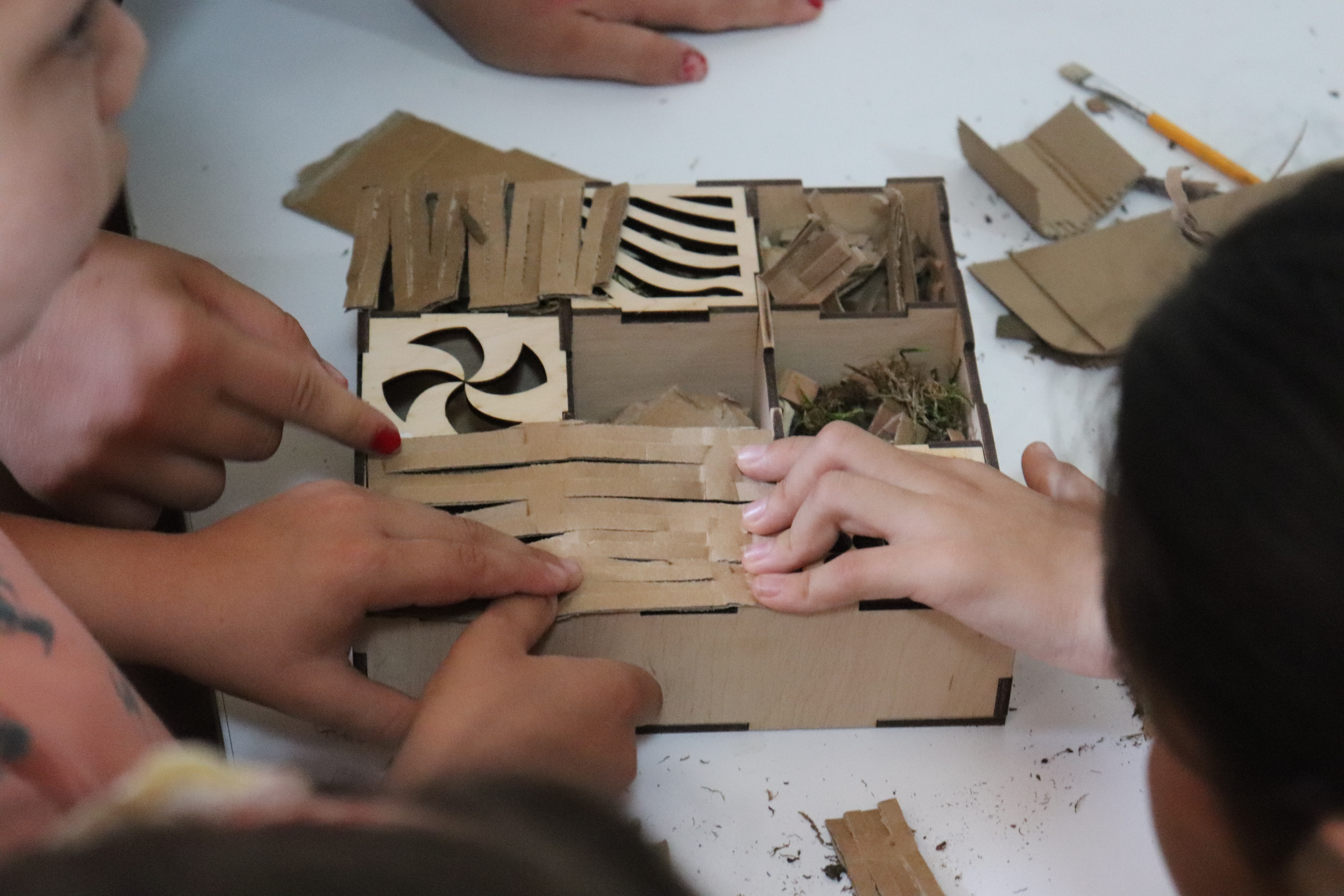 Image of bug hotel with children's hands